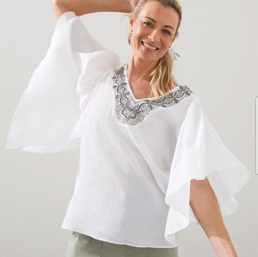 Chico's White Blouse with Gray Embroidery